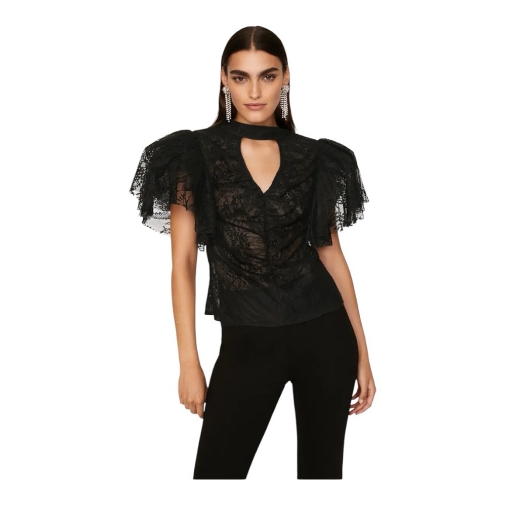 Osman Yousefzada Black Lace Top Ruffle Sleeve Blouse Size 6